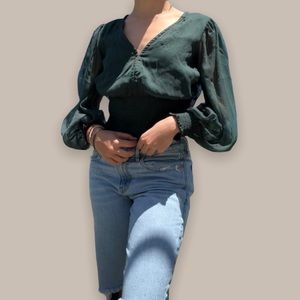 Medium, Abercrombie&Fitch, green puff sleeved cropped shirt